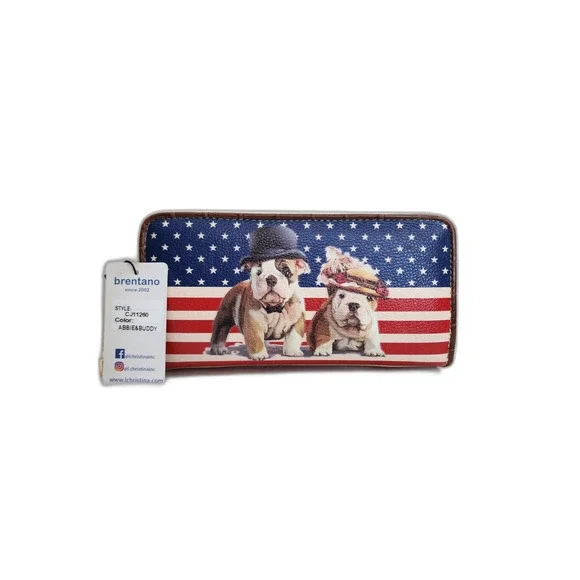 B BRENTANO Vegan Cute Dogs Graphic Patriotic Wallet Clutch NWT - Picture 1 of 7